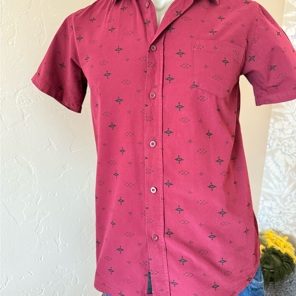 Casual Burgundy Patterned Button Down Short Sleeved Cotton‎ Shirt